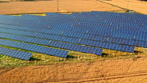 Solar panels on field. Aerial view of photovoltaic farm.