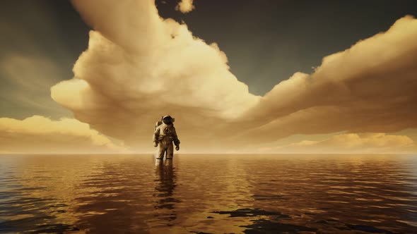 Spaceman in the Sea Under Clouds at Sunset alt