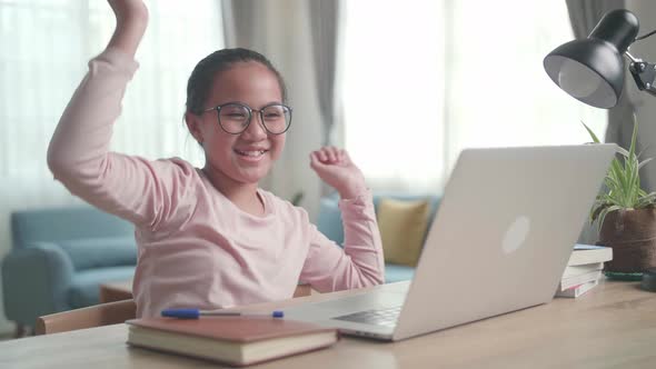 Asia Girl Student Celebrating With Laptop Computer At Home, Teenage Girl Learning Online