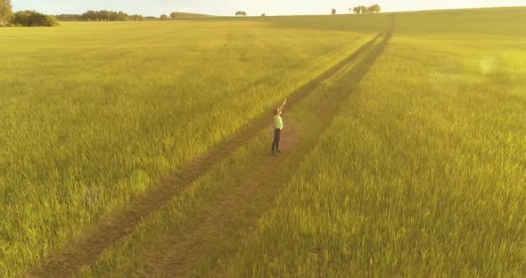 Sporty Child Standing in Green Wheat Field with Raised Hands Up. Evening Sport Training Exercises at