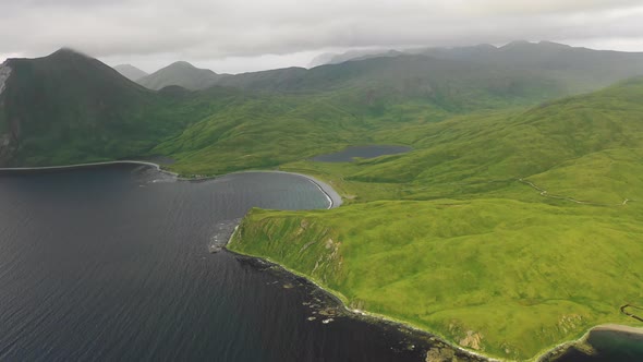 Aerial view of Mukushin Bay, Unalaska island, Alaska, United States..