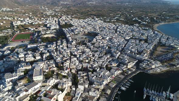 Port of Chora on the island of Naxos in the Cyclades in Greece aerial view