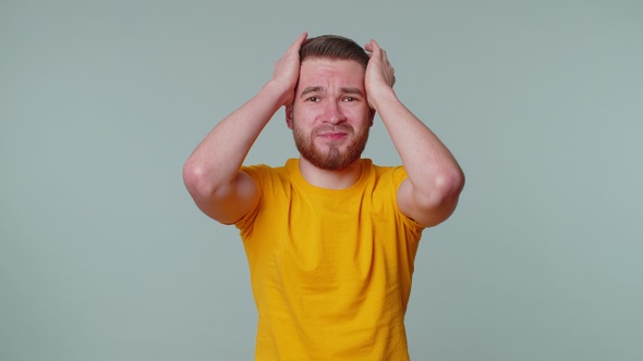 Young Man Waiting for Good Luck Loses Becoming Surprised Sudden Lottery Results Bad Fortune Loss