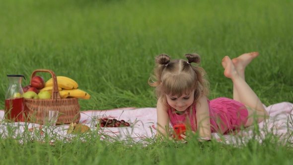 Weekend at Picnic. Girl on Grass Meadow Play Online Games on Mobile Phone. Social Network, Chatting