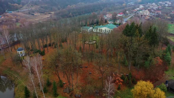 Hotel complex buildings. Aerial view of apartment building complex in suburban