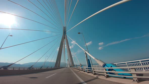 Driving on the Rio–Antirrio bridge. Above Golf of Corinth direction Patras Peloponnese Greece. Offic