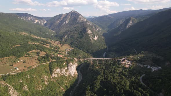 Aerial view of Tara river canyon, mountains and bridge, Montenegro, Europe