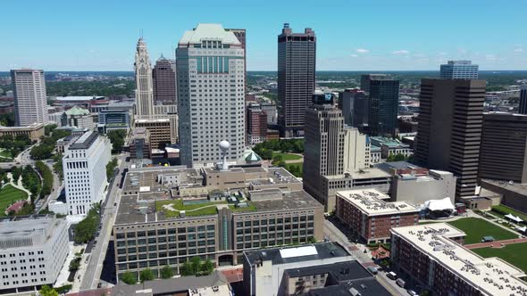 Columbus Ohio downtown, skyline viewed from the south.  Aerial Drone.