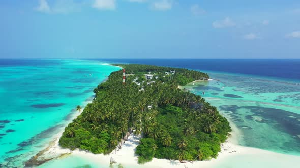 Aerial flying over nature of beautiful coast beach trip by shallow lagoon with bright sand backgroun