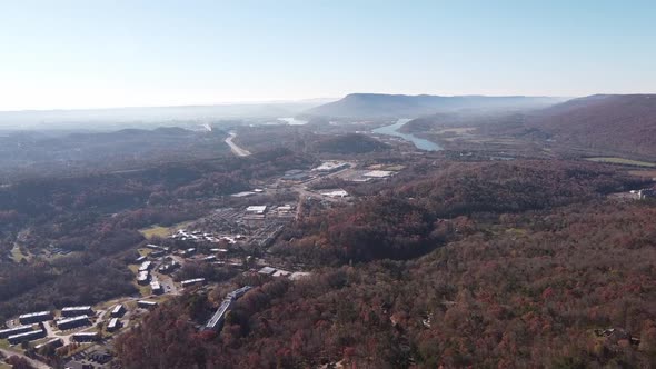 High angle aerial drone shot. The town of Signal Mountain with the Tennessee River in the background