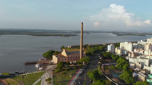 Plant, Cultural Center, Usina do Gasometro, River (Porto Alegre) aerial view 