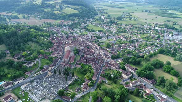 Village of Saint-Cyprien in Perigord in France seen from the sky