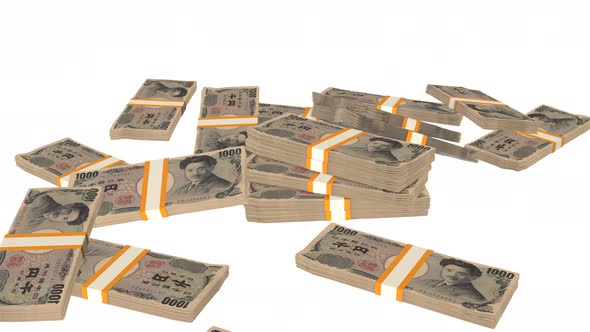 Many wads of money falling on table. 1000 Japanese Yen banknotes.