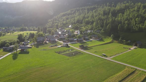 Scenic village with church in Italy. Summer Aerial view with drone.