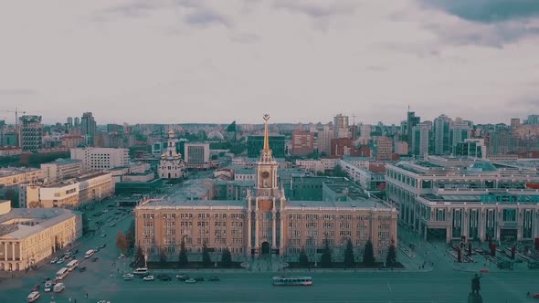 Aerial view of city administration building and central streets of Ekaterinburg