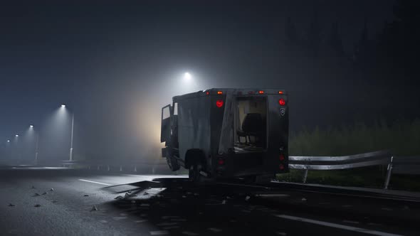 Demolished armored truck on the roadside. Money on the road. Crime scene 4K