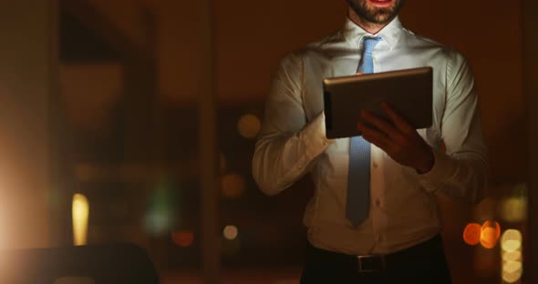 Business executive using virtual glasses with digital tablet