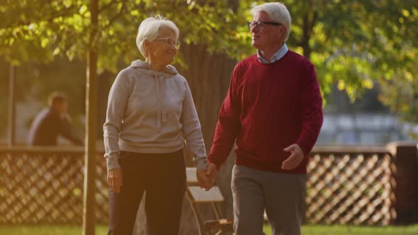 Happy Elderly Caucasian Couple Walking in the Park at the Sunset Talking and Holding Hands Moving