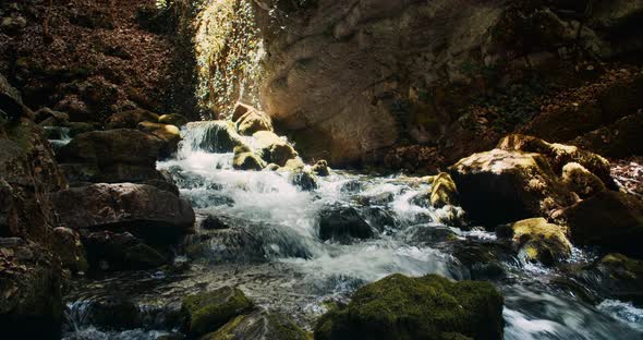 Pure Drink Water on Mountain River Flowing Down on Rocks