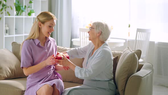 Mother giving a birthday present to young girl. Happy birthday