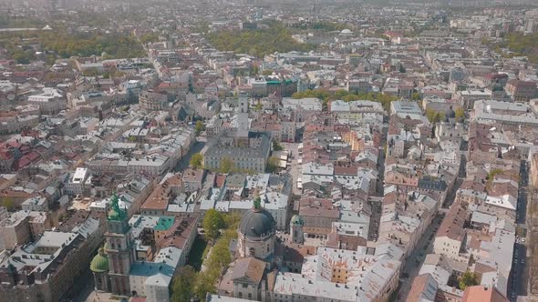 Lvov, Ukraine. Aerial City Lviv, Ukraine. Panorama of the Old Town. Dominican