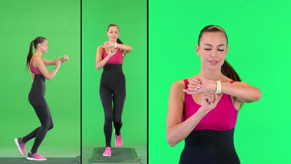 Healthy Sporty Young Woman Running and Looking at Smart Watch Device on a Green Screen Chroma Key