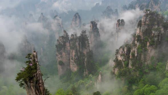 Time Lapse of Avatar Floating Mountains in Zhangjiajie Forest Park, China, Clouds and Morning Fog