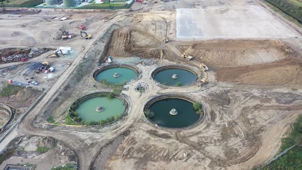 Aerial footage of purification tanks of modern wastewater treatment plant