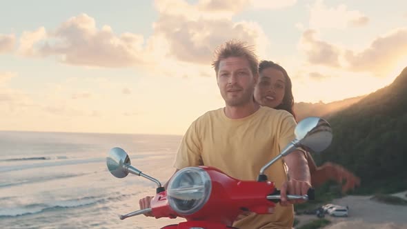 Portrait of Cheerful Glad Couple Riding Moped Enjoying Weekend Day Holiday