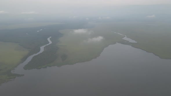 Aerial view of Lake Paliastomi at sunset. Kolkheti National Park, Georgia