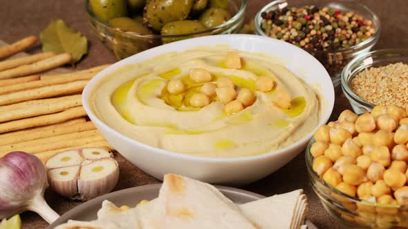 Chickpea hummus made from mashed chickpeas dip with tahini lemon garlic and olive oil