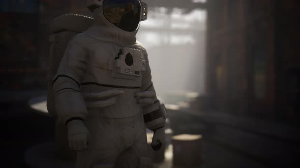 Lost Astronaut Near Abandoned Industrial Buildings of Old Factory alt