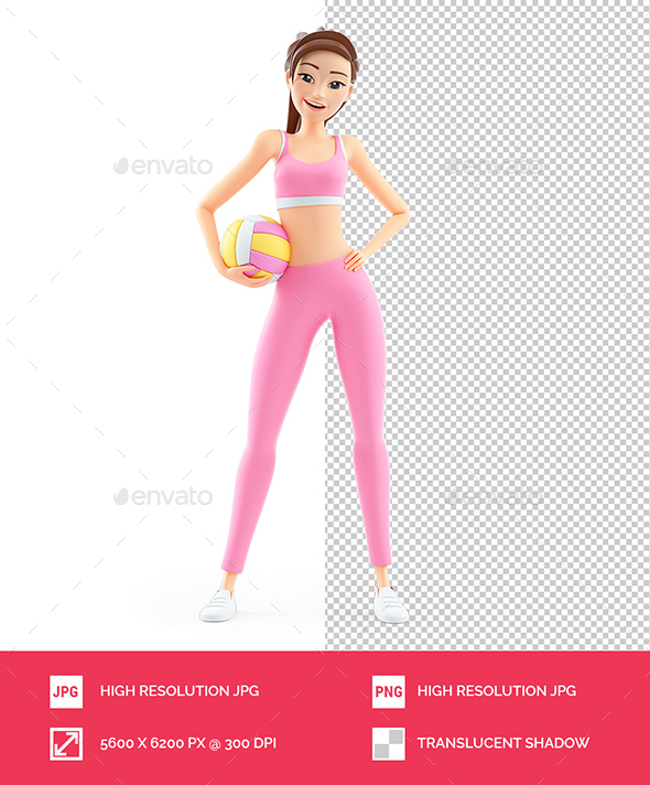 3D Sporty Woman Standing with Volley Ball