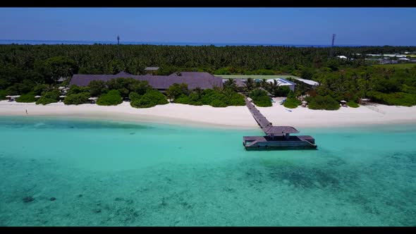 Aerial drone sky of luxury shore beach vacation by transparent sea and bright sand background of adv