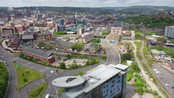 Aerial footage of the city centre of Sheffield in South Yorkshire in the UK 