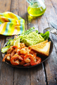 helthy breakfast. fried shrimps with avocado and toasts - PhotoDune Item for Sale