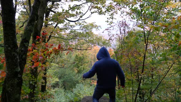 Man reaching mountain summit in autumn maple leaf forest