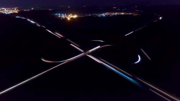 Aerial View of A Large Road Junction at Night, Timelapse