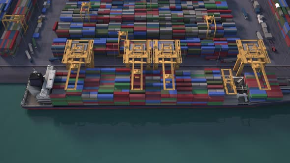 A modern industrial port with containers with a view from above