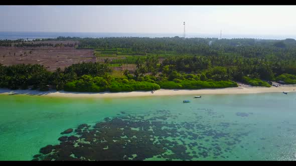 Aerial drone scenery of idyllic coastline beach break by blue green ocean with clean sandy backgroun