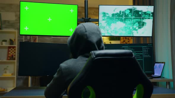 Back View of Hacker Wearing a Hoodie Using Computer
