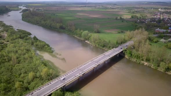 Aerial view of Dnister river and two bridges in town of Halych in Ukraine.