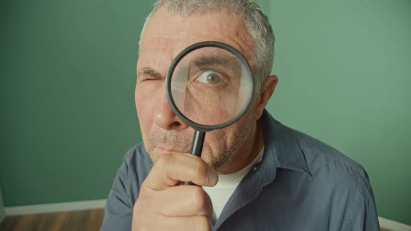 Alarmed Man Looking Suspiciously Through a Magnifying Glass