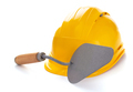 Construction hard hat and trowel isolated at white background. Hardhat on white - PhotoDune Item for Sale