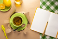Cup of tea with lemon and honey on torn paper. Mug full green tea - PhotoDune Item for Sale