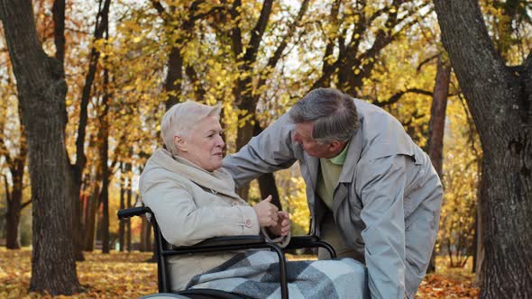 Caucasian Senior Man Holding Female Hand Caring Woman with Disability on Wheelchair Husband