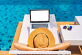 Young woman freelancer traveler working online using laptop while traveling on summer vacation - PhotoDune Item for Sale