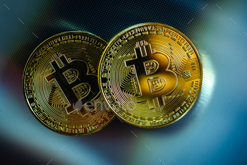 Two cryptocurrencies golden bitcoin, new economy, with negative space.