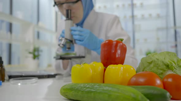 Close Up Female Scientist in a Muslim Scarf Studies Vegetables in a Microscope