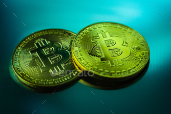 Two cryptocurrencies golden bitcoin, new economy, with negative space.